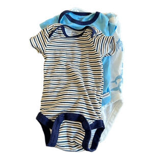 Three Newborn Onesies Gerber Carter’s cotton blue seashells striped bodysuits